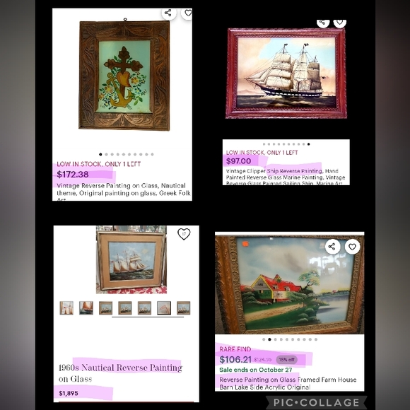 RARE FIND!! Antique Reverse Painting on Glass - 3 Glass Stenciled - Picture 12 of 13